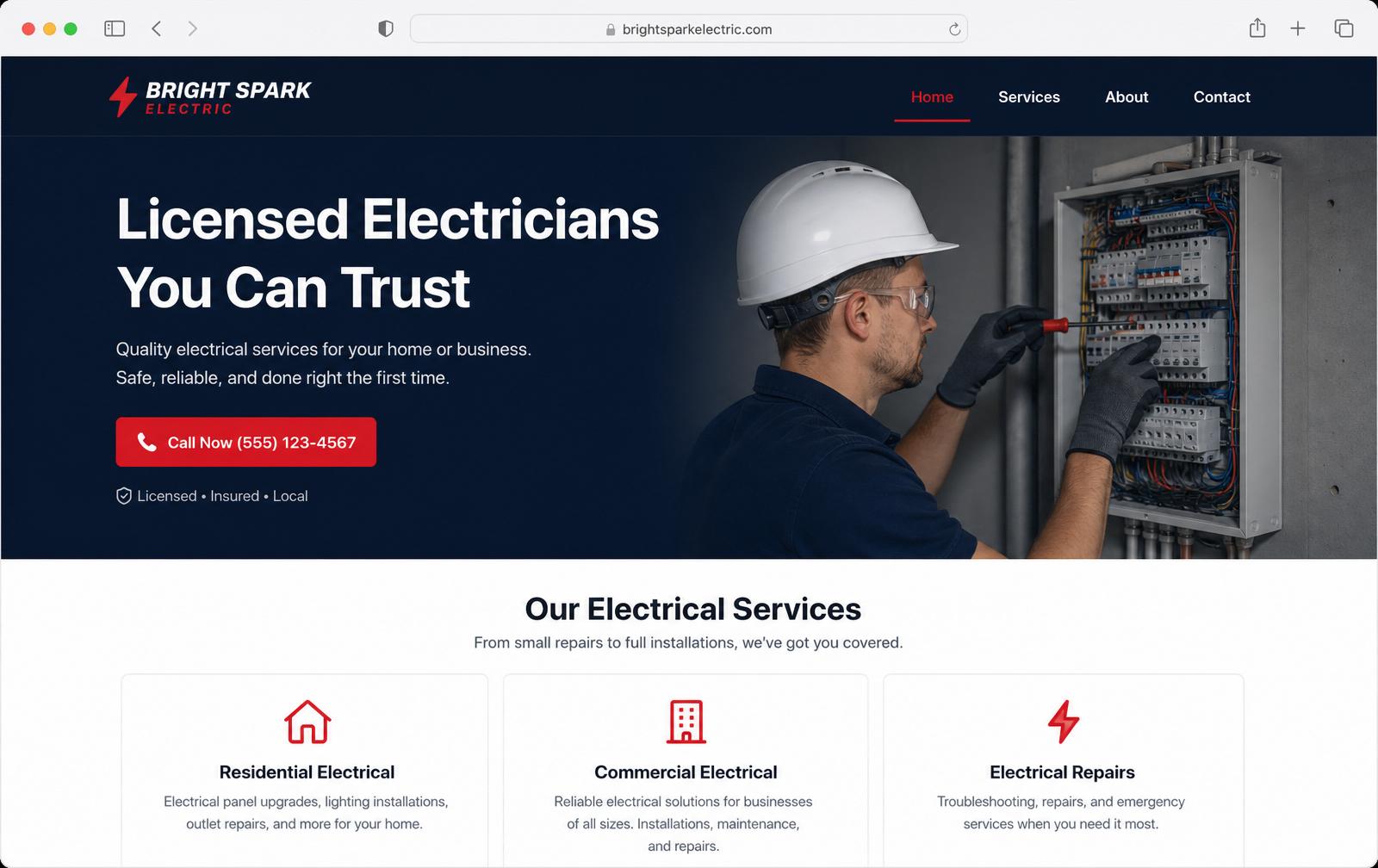 Bright Spark Electric — Local Service website mockup